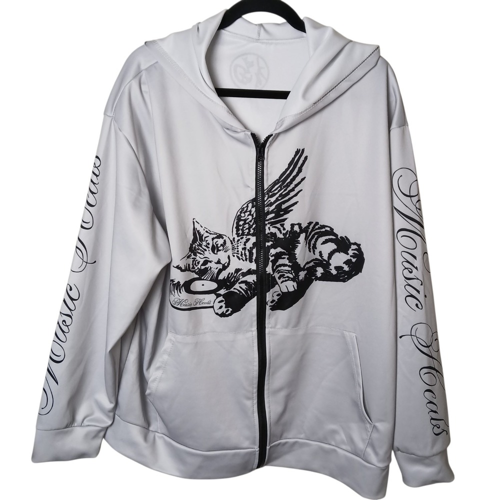 RARE Mao Studios Graphic Hoodie Winged Cat Music Heals Streetwear Zip Up Size XL